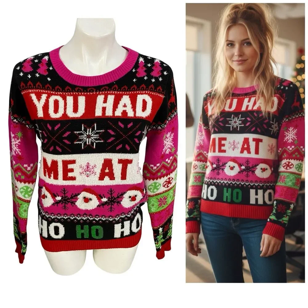 NOBO Ugly Christmas Sweater Jr Womens Large Kitch You Had Me At Ho Ho Ho Party